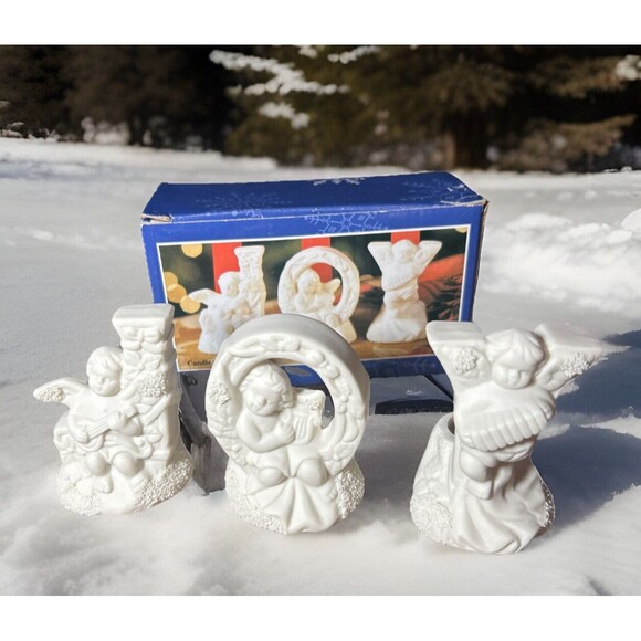 Other - Christmas JOY Candle Holder Trio, Ceramic Bisque Cherub Angels Candleholder Set